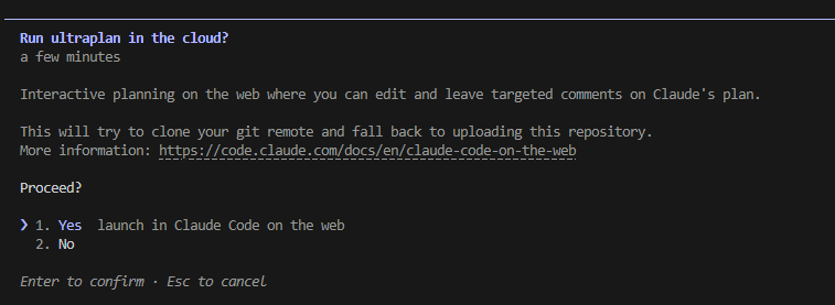 Confirmation dialog to launch Ultraplan in the cloud