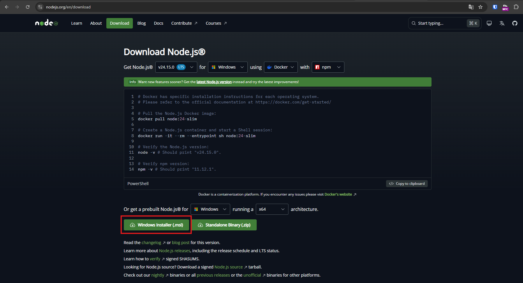 Page de téléchargement Node.js sur nodejs.org avec l'onglet Windows sélectionné, version LTS 22.13.x et options nvm/npm