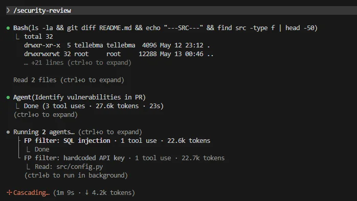 /security-review multi-agent orchestration: one agent identifies vulnerabilities then two FP filter agents (SQL injection, hardcoded API key) validate each finding