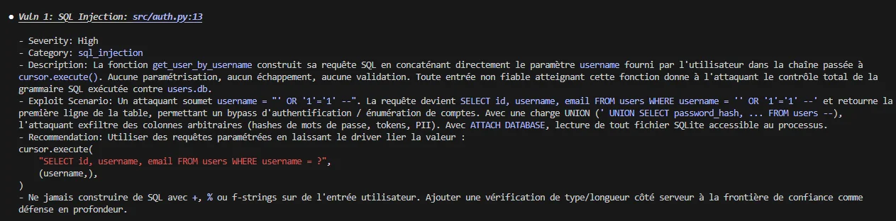 Structured /security-review finding: SQL injection in src/auth.py, High severity, exploit scenario, and a parameterized query recommendation